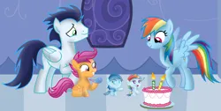Size: 3812x1926 | Tagged: safe, derpibooru import, rainbow dash, scootaloo, soarin', oc, oc:ragtag, oc:shooting star, pegasus, pony, baby, baby pony, birthday, female, filly, foal, image, male, mare, offspring, parent:rainbow dash, parent:soarin', parents:soarindash, png, shipping, siblings, soarindash, stallion, straight, twins