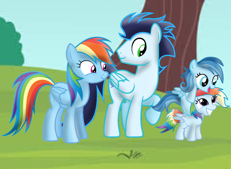 Size: 3466x2541 | Tagged: safe, derpibooru import, rainbow dash, soarin', oc, oc:ragtag, oc:shooting star, pegasus, pony, female, filly, foal, image, male, mare, offspring, parent:rainbow dash, parent:soarin', parents:soarindash, png, shipping, siblings, soarindash, stallion, straight, twins