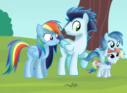 Size: 3466x2541 | Tagged: safe, derpibooru import, rainbow dash, soarin', oc, oc:ragtag, oc:shooting star, pegasus, pony, female, filly, foal, image, male, mare, offspring, parent:rainbow dash, parent:soarin', parents:soarindash, png, shipping, siblings, soarindash, stallion, straight, twins