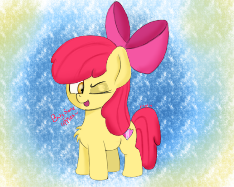 Size: 2500x2000 | Tagged: safe, artist:bazza, artist:kenzie, derpibooru import, apple bloom, earth pony, pony, applebetes, bow, bronybait, cute, cutie mark, derpibooru exclusive, eyeshadow, female, filly, foal, hair bow, image, looking at you, makeup, obscure reference, one eye closed, open mouth, paint tool sai, png, signature, simple shading, solo, talking, talking to viewer, text, wink, winking at you