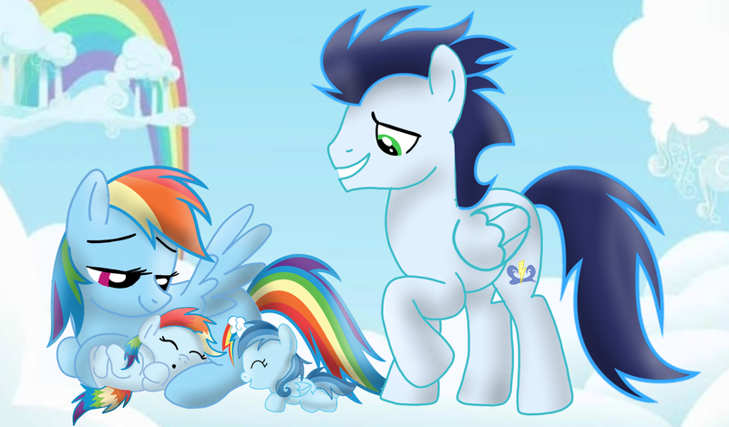 Size: 3812x2235 | Tagged: safe, derpibooru import, rainbow dash, soarin', oc, oc:ragtag, oc:shooting star, pegasus, pony, baby, baby pony, female, filly, foal, image, male, mare, offspring, parent:rainbow dash, parent:soarin', parents:soarindash, png, shipping, soarindash, stallion, straight