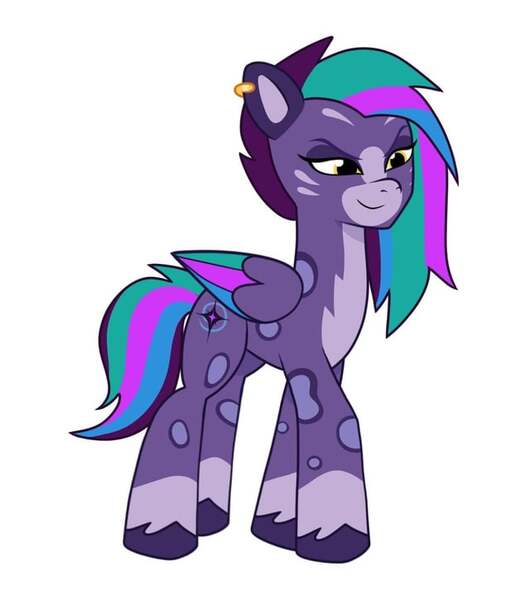 Size: 640x725 | Tagged: safe, artist:jazzhooves, derpibooru import, ponified, pegasus, pony, g5, allura, bald face, blaze (coat marking), coat markings, colored wings, ear piercing, earring, facial markings, female, image, jewelry, jpeg, leopard print, lidded eyes, piercing, simple background, socks (coat marking), solo, species swap, white background, wings