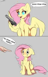 Size: 2500x4000 | Tagged: safe, artist:skitsniga, derpibooru import, fluttershy, human, pegasus, pony, 2 panel comic, comic, crying, female, gun, hand, handgun, image, mare, offscreen character, pistol, png, pointing, sad, scolding, solo, weapon, wing hands, wings