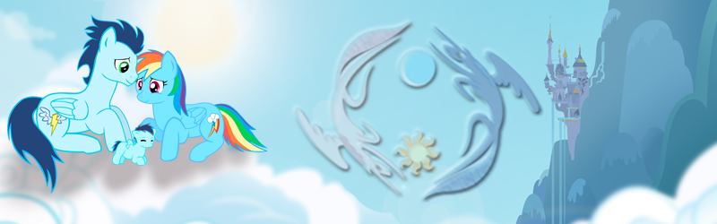 Size: 800x250 | Tagged: safe, artist:nsaiuvqart, derpibooru import, rainbow dash, soarin', pegasus, pony, colt, female, foal, image, male, mare, offspring, parent:rainbow dash, parent:soarin', parents:soarindash, png, shipping, soarindash, stallion, straight, wallpaper