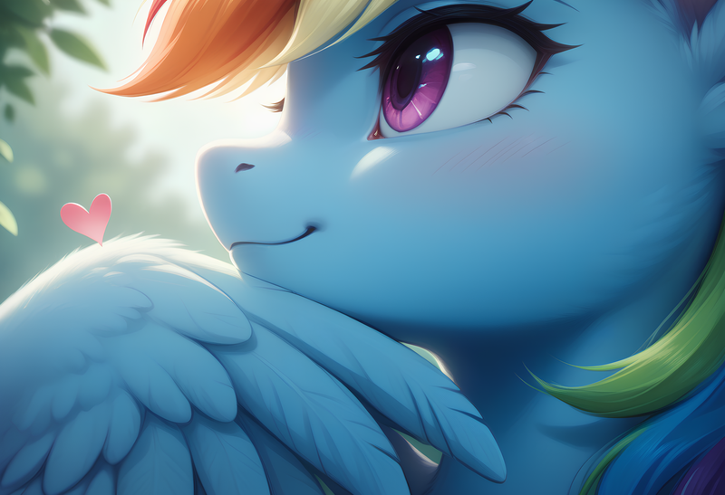 Size: 1580x1081 | Tagged: safe, ai content, derpibooru import, generator:bluefox mix, machine learning generated, prompter:adorablebluefox, stable diffusion, rainbow dash, pegasus, pony, close-up, eyelashes, female, g4, heart, image, mare, png, pondering, side view, smiling, solo, wings