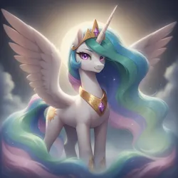 Size: 1024x1024 | Tagged: safe, ai content, derpibooru import, generator:bluefox mix, machine learning generated, prompter:adorablebluefox, stable diffusion, princess celestia, alicorn, pony, beautiful, cloud, female, g4, horn, image, jewelry, looking at you, mare, peytral, png, praise the sun, pretty, regalia, smiling, solo, spread wings, standing, tail, tiara, wings