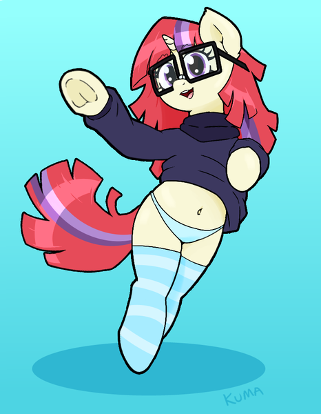 Size: 750x965 | Tagged: suggestive, artist:kumakum, derpibooru import, moondancer, pony, unicorn, adorkable, belly button, clothes, cute, digital art, dork, glasses, horn, image, kneesocks, panties, png, simple background, socks, solo, underwear, wholesome