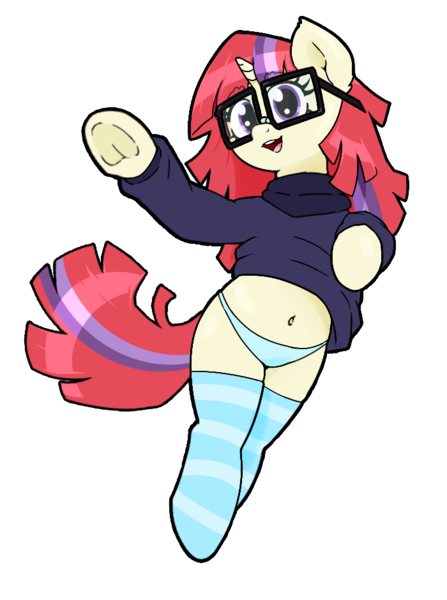 Size: 700x940 | Tagged: suggestive, artist:kumakum, derpibooru import, moondancer, pony, unicorn, adorkable, clothes, cute, dork, horn, image, kneesocks, panties, plump, png, simple background, smiling, socks, solo, striped socks, transparent background, underwear, wholesome