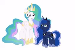 Size: 640x435 | Tagged: safe, artist:jazzhooves, derpibooru import, princess celestia, princess luna, alicorn, pony, g5, colored wings, crown, duo, duo female, ethereal mane, ethereal tail, eyeshadow, female, g4, g4 to g5, gauntlet, generation leap, image, jewelry, jpeg, looking at each other, looking at someone, makeup, regalia, royal sisters, siblings, simple background, sisters, size difference, smiling, tail, white background, wings