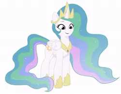 Size: 640x497 | Tagged: safe, artist:jazzhooves, derpibooru import, princess celestia, alicorn, pony, g5, crown, ethereal mane, ethereal tail, female, g4, g4 to g5, gauntlet, generation leap, image, jewelry, jpeg, regalia, simple background, smiling, solo, tail, white background