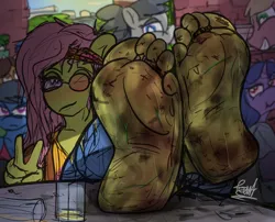 Size: 3128x2527 | Tagged: suggestive, artist:fetishsketches, derpibooru import, oc, oc:wanderlust, anthro, earth pony, barefoot, commission, digital art, dirt, dirty, dirty feet, feet, fetish, foot fetish, image, png