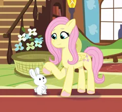 Size: 640x590 | Tagged: safe, artist:jazzhooves, derpibooru import, angel bunny, fluttershy, pegasus, pony, rabbit, g5, animal, book, couch, duo, female, flower, fluttershy's cottage, g4, g4 to g5, generation leap, image, interior, jpeg, looking at each other, looking at someone, male, raised hoof, smiling, staircase, window