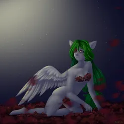 Size: 2500x2500 | Tagged: suggestive, artist:n3tt0l, derpibooru import, oc, oc:nettle flake, unofficial characters only, anthro, human, pegasus, dark background, flower, humanized, image, light, pegasus oc, png, sad, solo, wings