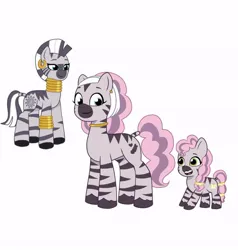 Size: 640x673 | Tagged: safe, artist:jazzhooves, derpibooru import, idw, zecora, zebra, g5, spoiler:comic, spoiler:g5comic, spoiler:g5comic14, braces, ear piercing, earring, female, g4, g4 to g5, generation leap, hairband, image, jewelry, jpeg, leg rings, mariama, neck rings, open mouth, piercing, simple background, skye, smiling, trio, trio female, white background