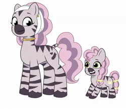 Size: 640x558 | Tagged: safe, artist:jazzhooves, derpibooru import, idw, zebra, g5, my little pony: tell your tale, spoiler:comic, spoiler:g5comic, spoiler:g5comic14, braces, duo, duo female, ear piercing, earring, female, hairband, image, jewelry, jpeg, mariama, mother and child, mother and daughter, neck rings, open mouth, piercing, simple background, skye, smiling, white background