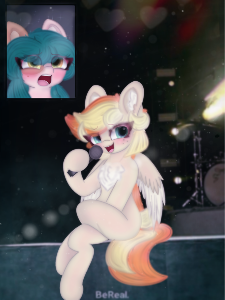 Size: 4096x5461 | Tagged: safe, artist:sodapop sprays, derpibooru import, oc, oc:sodapop sprays, pegasus, pony, bereal., blushing, chest fluff, concert, ear fluff, eye clipping through hair, happy, image, meme, png, screaming fan meme