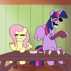Size: 1080x1080 | Tagged: grimdark, artist:plum, fluttershy, twilight sparkle, twilight sparkle (alicorn), alicorn, bird, chicken, pegasus, pony, bird cage, black background, cage, chicken meat, chicken nugget, curtains, death, dialogue, eating, eyebrows, eyes closed, feather, flesh, folded wings, food, gun, half-life, hoers, hoof hold, image, lettuce, looking at you, looking down, looking sideways, meat, minecraft, mlp infection, mp4, nightmare fuel, open mouth, ponies eating meat, puffy cheeks, sandwich, sauce, scared, shrunken pupils, simple background, sitting, skull, sweat, table, tail, weapon, wings