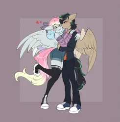 Size: 2173x2217 | Tagged: safe, artist:tomi_ouo, derpibooru import, oc, oc:blazey sketch, unofficial characters only, alicorn, anthro, pegasus, alicorn oc, bow, clothes, duo, hair bow, horn, image, kiss on the cheek, kissing, male and female, pegasus oc, png, shipping, simple background, smooch, sweater, wings
