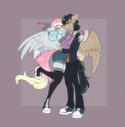 Size: 2173x2217 | Tagged: safe, artist:tomi_ouo, derpibooru import, oc, oc:blazey sketch, unofficial characters only, alicorn, anthro, pegasus, alicorn oc, bare shoulders, bow, clothes, denim shorts, duo, hair bow, horn, image, kiss on the cheek, kissing, male and female, pegasus oc, png, shipping, shorts, simple background, smooch, socks, sweater, thigh highs, wings