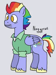 Size: 2256x2988 | Tagged: safe, artist:naggfruit, derpibooru import, bow hothoof, pony, gray background, image, male, multicolored hair, png, rainbow hair, simple background, solo, stallion, stubble, unshorn fetlocks