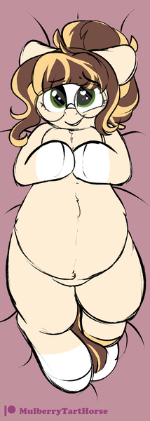 Size: 714x2000 | Tagged: safe, artist:mulberrytarthorse, artist:polofastter, derpibooru import, oc, oc:vanilla swirl, unofficial characters only, pony, belly, big belly, body pillow, chubby, fat, female, floppy ears, glasses, image, lying down, mare, meganekko, on back, patreon, patreon logo, png, smiling