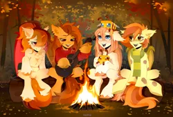 Size: 4000x2700 | Tagged: safe, artist:zlatavector, derpibooru import, unnamed character, oc, oc:honey milk, oc:pumpkin spice, unofficial characters only, bat pony, pony, autumn, bat pony oc, bat wings, campfire, clothes, commission, female, fire, forest, guitar, image, mare, musical instrument, nature, plushie, png, scarf, singing, smiling, striped scarf, sweater, tree, wings