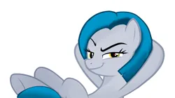 Size: 1024x576 | Tagged: source needed, safe, anonymous artist, derpibooru import, oc, oc:lorelei kernav, unofficial characters only, earth pony, arm behind head, eyebrows, female, image, looking at you, png, raised eyebrow, reclining, simple background, smug, solo, white background