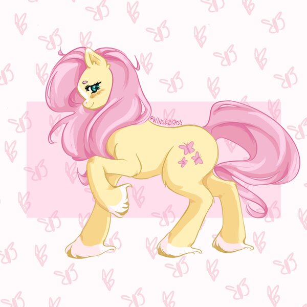 Size: 2000x2000 | Tagged: safe, artist:wingedcass, derpibooru import, fluttershy, earth pony, pony, abstract background, female, image, jpeg, mare, solo, wingless