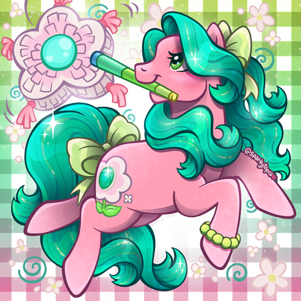 Size: 2400x2400 | Tagged: safe, artist:sparkytopia, derpibooru import, earth pony, pony, g3, bow, bracelet, digital art, female, green eyes, green mane, hair bow, image, jewelry, mare, may belle, mouth hold, pink coat, piñata, png, shiny mane, solo, sparkles, tail, tail bow, teal mane
