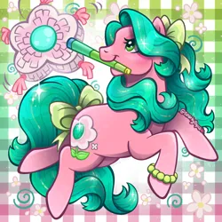 Size: 2400x2400 | Tagged: safe, artist:sparkytopia, derpibooru import, earth pony, pony, g3, bow, bracelet, digital art, female, green eyes, green mane, hair bow, image, jewelry, mare, may belle, mouth hold, pink coat, piñata, png, shiny mane, solo, sparkles, tail, tail bow, teal mane