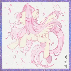 Size: 1280x1280 | Tagged: safe, artist:co306012, derpibooru import, fluttershy, pegasus, pony, female, image, jpeg, mare, one eye closed, petals, smiling, solo, spread wings, wings, wink