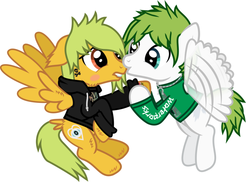 Size: 1786x1326 | Tagged: safe, artist:lightningbolt, derpibooru import, part of a set, ponified, pegasus, pony, .svg available, alex gaskarth, all time low, awsten knight, blushing, butt fluff, buzzing wings, cheek fluff, clothes, derpibooru exclusive, duo, duo male, dyed mane, dyed tail, ear fluff, floppy ears, flying, gay, heterochromia, hood, hoodie, hoof fluff, hoof grab, horseshoes, image, jewelry, kissing, lip bite, long sleeves, looking at each other, looking at someone, male, necklace, png, shipping, show accurate, simple background, smiling, spread wings, tail, tail feathers, tattoo, transparent background, vector, waterparks, wing fluff, wings