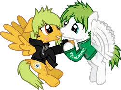 Size: 1786x1326 | Tagged: safe, artist:lightningbolt, derpibooru import, part of a set, ponified, pegasus, pony, .svg available, alex gaskarth, all time low, awsten knight, blushing, butt fluff, buzzing wings, cheek fluff, clothes, derpibooru exclusive, duo, duo male, dyed mane, dyed tail, ear fluff, floppy ears, flying, gay, heterochromia, hood, hoodie, hoof fluff, hoof grab, horseshoes, image, jewelry, kissing, lip bite, long sleeves, looking at each other, looking at someone, male, necklace, png, shipping, show accurate, simple background, smiling, spread wings, tail, tail feathers, tattoo, transparent background, vector, waterparks, wing fluff, wings