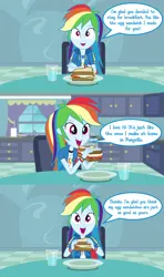 Size: 3840x6480 | Tagged: safe, artist:octosquish7260, derpibooru import, rainbow dash, human, equestria girls, 3 panel comic, bread, breakfast, chair, cheese, clothes, comic, curtains, dialogue, duality, duo, egg (food), egg sandwich, female, food, fried egg, frying pan, g4, geode of super speed, glass, happy, hoodie, humanized, image, jacket, lettuce, magical geodes, open mouth, oven, paper towels, plate, png, rainbow dash's house, sandwich, self paradox, shirt, sliced cheese, speech bubble, table, teenager, teeth, text, tomato, water, window, wristband