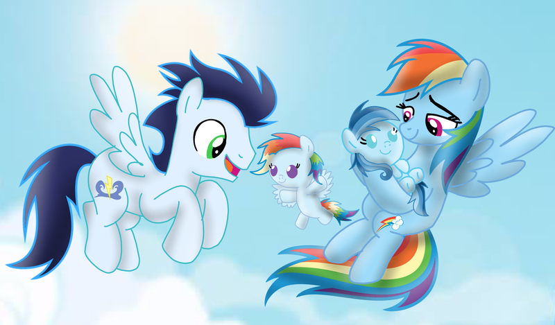 Size: 3812x2235 | Tagged: safe, derpibooru import, rainbow dash, soarin', oc, oc:ragtag, oc:shooting star, pegasus, pony, baby, baby pony, female, filly, foal, image, male, mare, offspring, parent:rainbow dash, parent:soarin', parents:soarindash, png, shipping, siblings, soarindash, stallion, straight, twins