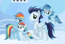 Size: 2856x1935 | Tagged: safe, derpibooru import, rainbow dash, soarin', oc, oc:ragtag, oc:shooting star, pegasus, pony, female, filly, foal, image, male, mare, offspring, parent:rainbow dash, parent:soarin', parents:soarindash, png, shipping, siblings, soarindash, stallion, straight, twins