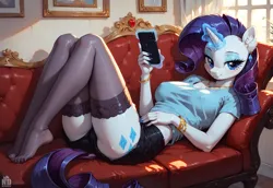 Size: 2144x1472 | Tagged: safe, ai content, derpibooru import, machine learning generated, stable diffusion, rarity, anthro, unicorn, breasts, clothes, fainting couch, horn, image, mobile phone, phone, png, prompter:neondash, smartphone, socks, stockings, thigh highs