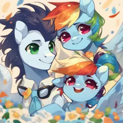 Size: 1024x1024 | Tagged: safe, ai content, derpibooru import, machine learning generated, stable diffusion, rainbow dash, soarin', pegasus, pony, female, filly, foal, generator:purplesmart.ai, image, jpeg, male, mare, offspring, parent:rainbow dash, parent:soarin', parents:soarindash, shipping, soarindash, stallion, straight
