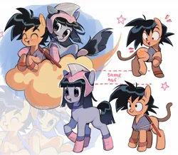 Size: 1714x1492 | Tagged: safe, artist:erinartista, derpibooru import, ponified, earth pony, pony, blushing, chichi, cloud, colt, dragon ball, eyes closed, female, filly, foal, helmet, image, jpeg, male, son goku, text
