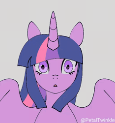 Size: 600x640 | Tagged: safe, artist:petaltwinkle, derpibooru import, twilight sparkle, twilight sparkle (alicorn), alicorn, pony, 3d, 3d model, :<, animated, animation test, colored sclera, eyelashes, female, front view, g4, gif, gray background, gray sclera, horn, image, long mane, looking at you, mare, multicolored mane, open frown, open mouth, purple coat, purple eyes, shocked, shrunken pupils, signature, simple background, solo, spread wings, straight mane, surprised, unicorn horn, wind, windswept mane, wingding eyes, wings