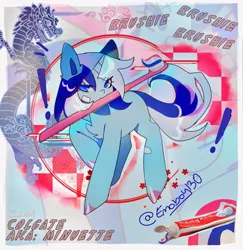Size: 2115x2172 | Tagged: safe, artist:emoboy130, derpibooru import, minuette, dragon, pony, unicorn, :3, abstract background, bandaid, blue eyes, blue mane, border, chest fluff, colored, colored hooves, eye clipping through hair, eyebrows, eyebrows visible through hair, eyelashes, female, g4, high res, horn, image, jpeg, lidded eyes, long mane, long tail, mare, mouth hold, narrowed eyes, pink text, raised hoof, shiny hooves, shiny mane, shiny tail, signature, smiling, solo, tail, text, toothbrush, toothpaste, two toned mane, two toned tail, unicorn horn, wingding eyes, zoom layer