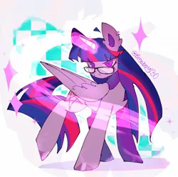 Size: 1648x1644 | Tagged: safe, artist:emoboy130, derpibooru import, twilight sparkle, twilight sparkle (alicorn), alicorn, pony, abstract background, ahoge, alternate cutie mark, bandaid, bangs, big ears, chest fluff, colored, colored hooves, colored pinnae, colored sclera, ear fluff, ear piercing, earring, eye clipping through hair, eyelashes, female, folded wings, frown, g4, glow, glowing horn, horn, image, jewelry, jpeg, large wings, lidded eyes, long mane, long tail, magic, mare, multicolored mane, multicolored tail, narrowed eyes, pentagram, piercing, pink sclera, purple coat, purple eyes, raised leg, shadow, shiny hooves, signature, solo, sparkles, tail, tall ears, unicorn horn, wingding eyes, wings, zoom layer