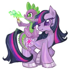 Size: 1369x1375 | Tagged: safe, artist:eyerealm, derpibooru import, spike, twilight sparkle, dragon, pony, unicorn, big eyes, colored, colored hooves, colored pinnae, dragonfire, duo, duo male and female, eyelashes, female, fire, g4, green fire, holding, image, jpeg, long mane, long tail, male, mare, multicolored mane, multicolored tail, purple coat, purple eyes, raised hoof, scroll, shiny hooves, simple background, sitting on, sitting on person, sitting on pony, smiling, straight mane, straight tail, tail, thick legs, unicorn twilight, white background, wingding eyes