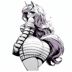 Size: 1024x1024 | Tagged: suggestive, ai content, derpibooru import, machine learning generated, oc, unofficial characters only, anthro, unicorn, adorasexy, anthro oc, bag, bare shoulders, blushing, breasts, butt, butt focus, clothes, curvy, cute, female, handbag, horn, huge butt, image, impossibly large butt, large butt, looking at you, looking back, looking back at you, low angle, monochrome, png, prompter:horselover fat, pullover, purse, rear view, sexy, shoulderless, sideboob, simple background, solo, stripes, stupid sexy oc, the ass was fat, tight clothing, unicorn oc, walking, white background, wide hips