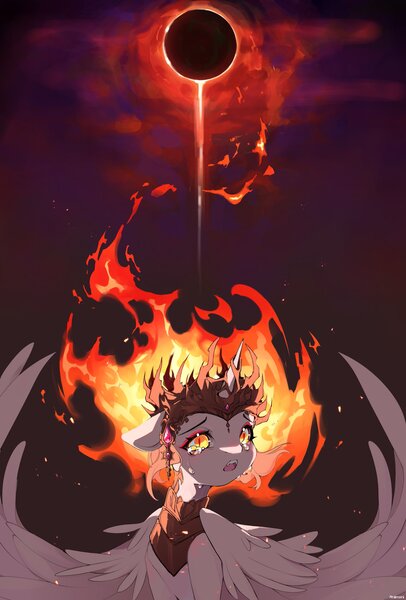 Size: 2688x3975 | Tagged: safe, artist:aniimoni, derpibooru import, daybreaker, alicorn, pony, armor, crown, crying, eclipse, eyeshadow, fangs, female, g4, gem, helmet, high res, horn, image, jewelry, jpeg, large wings, makeup, mane of fire, mare, peytral, regalia, sad, slit pupils, solo, wings