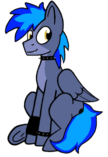 Size: 605x875 | Tagged: safe, artist:proffy floyd, derpibooru import, oc, oc:proffy floyd, unofficial characters only, bat pony, hybrid, pegasus, pony, bracelet, choker, countershading, fangs, image, pegabat, png, sitting, solo, spiked choker, spiked wristband, wristband