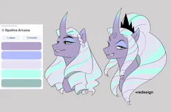 Size: 2048x1342 | Tagged: safe, artist:aztrial, derpibooru import, alicorn, pony, g5, bust, crown, curved horn, gray background, horn, image, jewelry, opaline arcana, palette, png, redesign, regalia, simple background, solo