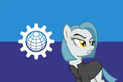 Size: 506x337 | Tagged: source needed, safe, anonymous artist, derpibooru import, oc, oc:lorelei kernav, unofficial characters only, earth pony, clothes, eyebrows, female, flag, image, industria, png, raised eyebrow, solo, uniform