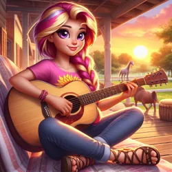 Size: 1024x1024 | Tagged: safe, ai content, derpibooru import, machine learning generated, prompter:yet-one-more-idiot, sunset shimmer, horse, equestria girls, farm, g4, generator:bing image creator, generator:dall-e 3, guitar, image, jpeg, musical instrument, outdoors, sitting, sunset