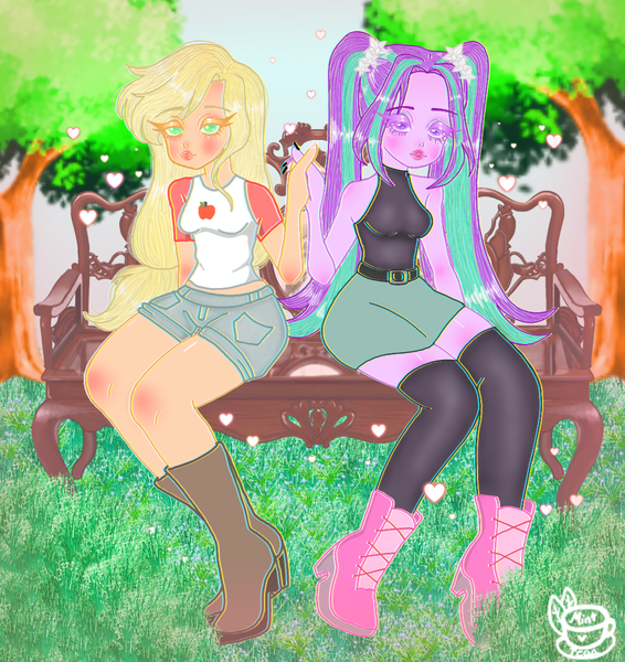 Size: 2048x2170 | Tagged: safe, artist:minttea030, derpibooru import, applejack, aria blaze, equestria girls, alternate hairstyle, ariajack, belt, bench, blushing, boots, breasts, clothes, duo, duo female, eyeshadow, female, g4, grass, heart, image, lesbian, lipstick, makeup, nail polish, park, park bench, png, shipping, shirt, shoes, shorts, skirt, socks, stockings, t-shirt, tanktop, thigh highs, tree